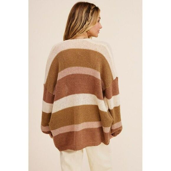 sale! LISTICLE Oversized Mocha Multi Color Striped Open Cardigan Sweater LSW0661 - Picture 5 of 5